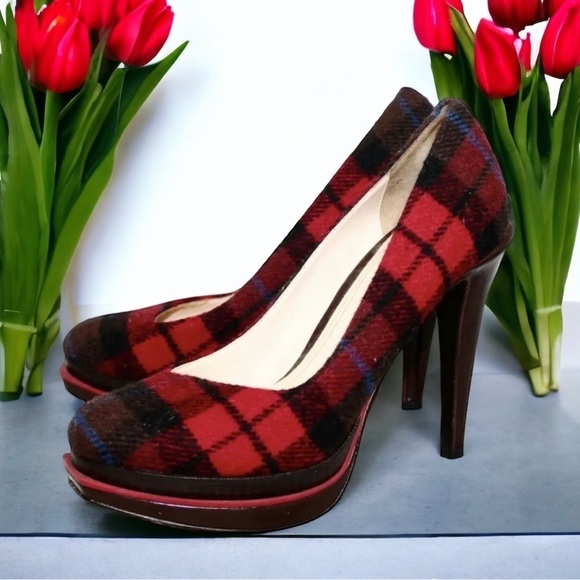 Cole Haan Shoes - - COLE HAAN Chelsea Red Black Plaid Fabric Platform High Heel Pump Wo's …